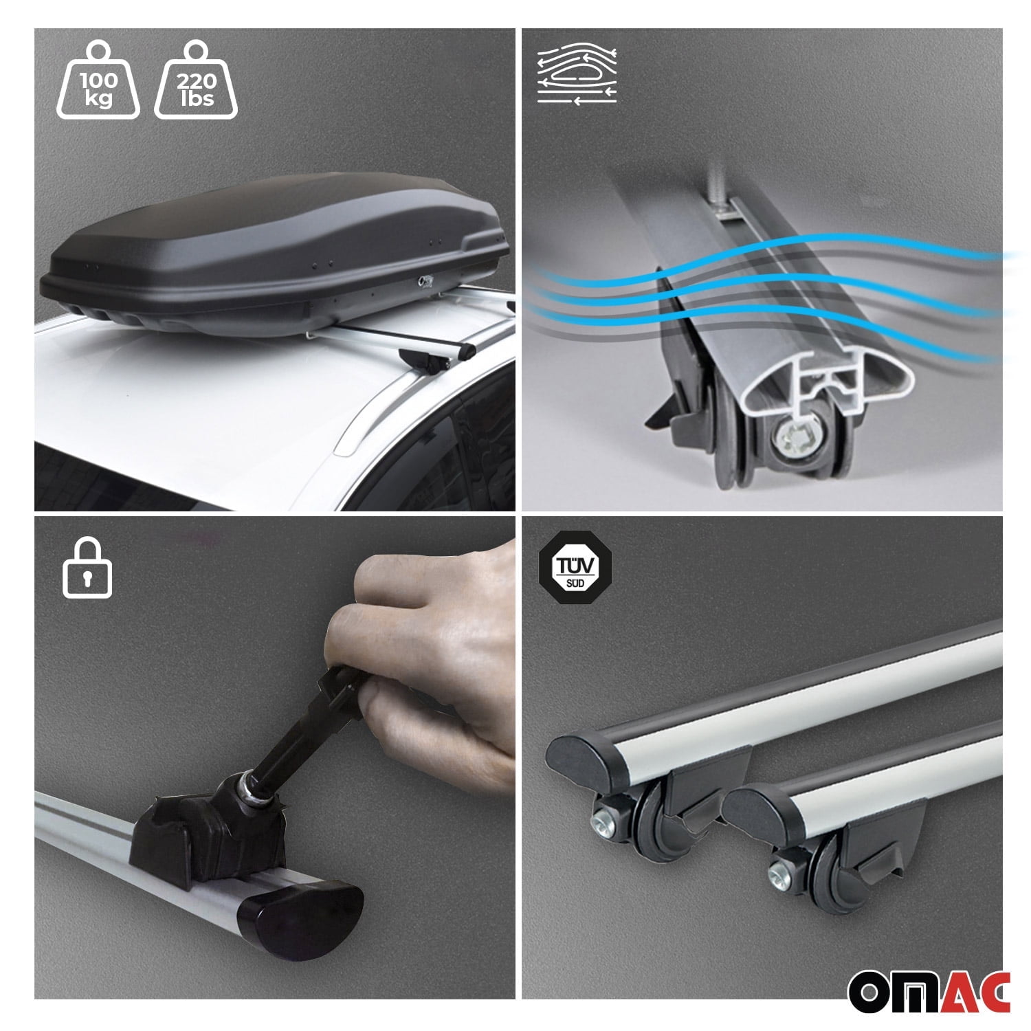 OMAC Roof Rack Cross Bars For Audi Q8 2019-2024 - Lockable Aluminum Cargo System