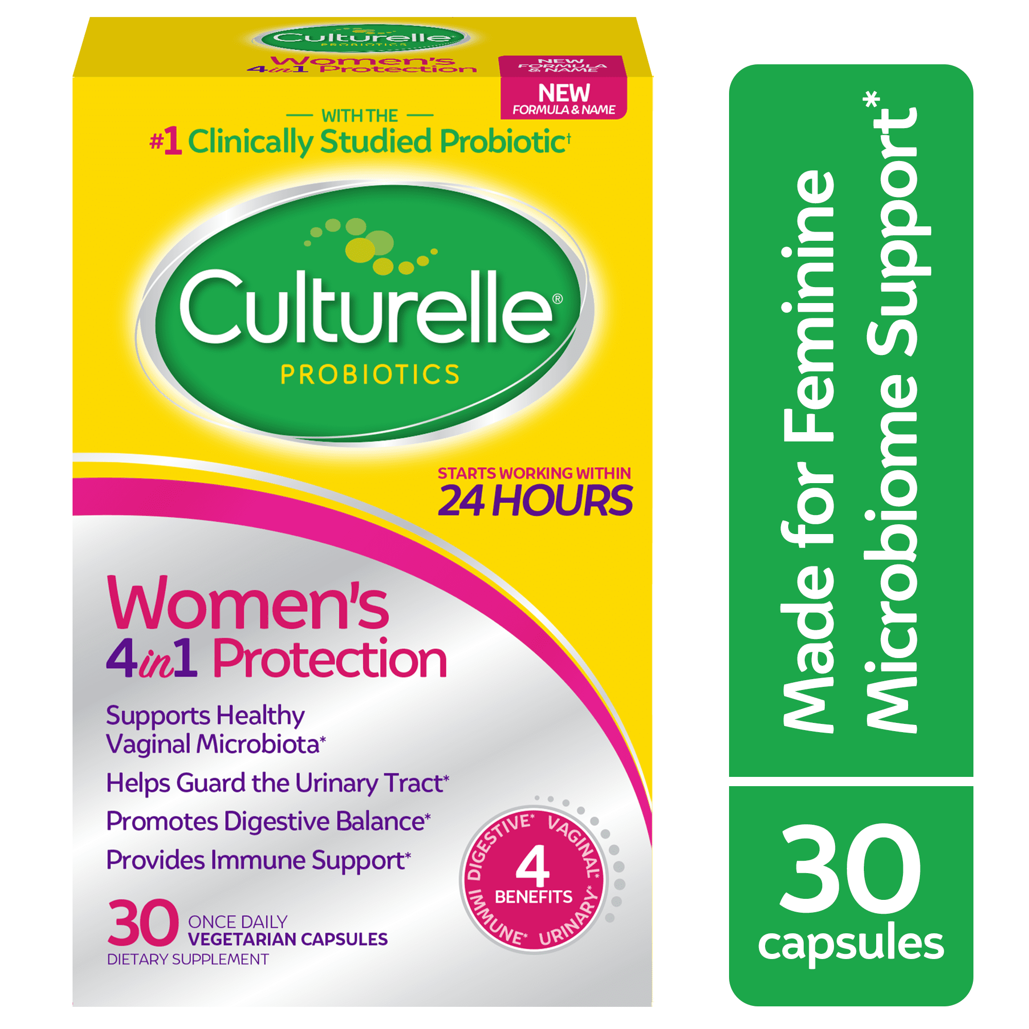 Culturelle Probiotics Women's 4-in-1 Protection Daily Supplement, Made with Prebiotics to Support Vaginal, Digestive, Urinary & Immune Health, 30 Count
