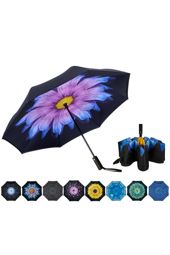 Inverted Umbrella Double Layer Automatic Folding Reserve Umbrella Windproof UV Protection for Rain Car Travel Outdoor Men Women, Purple Follower