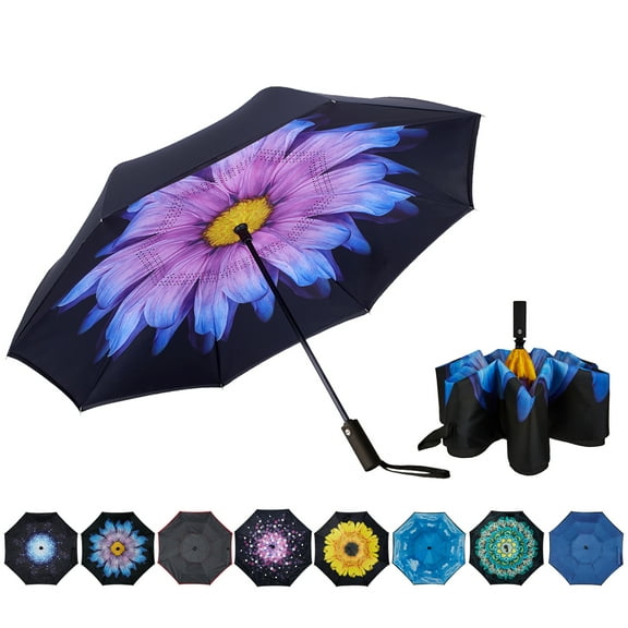 Inverted Umbrella Double Layer Automatic Folding Reserve Umbrella Windproof UV Protection for Rain Car Travel Outdoor Men Women, Purple Follower