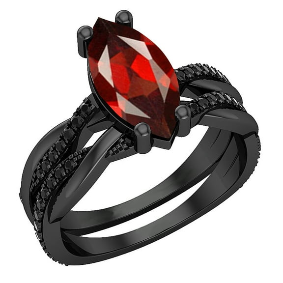 Dazzlingrock Collection 12X6mm Marquise Garnet & Round Black Diamond Engagement Ring Set for Women (0.30 ctw, Color Black, Clarity Opaque) in Black Rhodium Plated 14K White Gold, Size 8.5