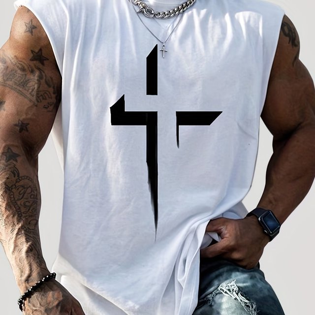 Christian Cross Print, Camiseta sin mangas cómoda y casual para hombres, diseño gráfico, ropa de verano para hombres