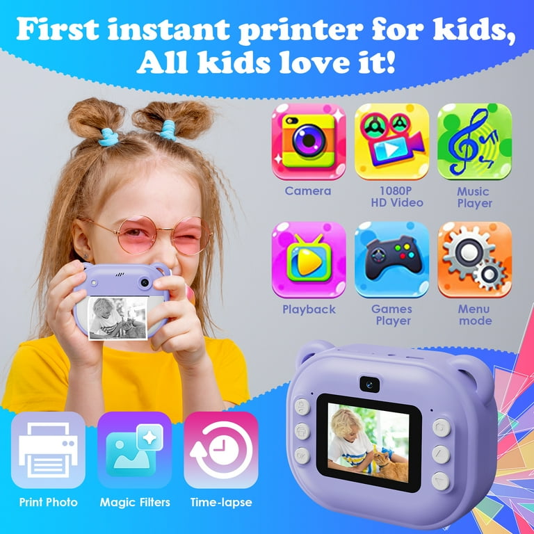 WONNIE Kids Camera Instant Print,1080P Selfie Digital Camera With 2.4" Screen & 32GB Card,Toddler Portable Toy For Ages 3-12,Christma-s Birthday Gifts For 3 4 5 6 7 8 9 Year