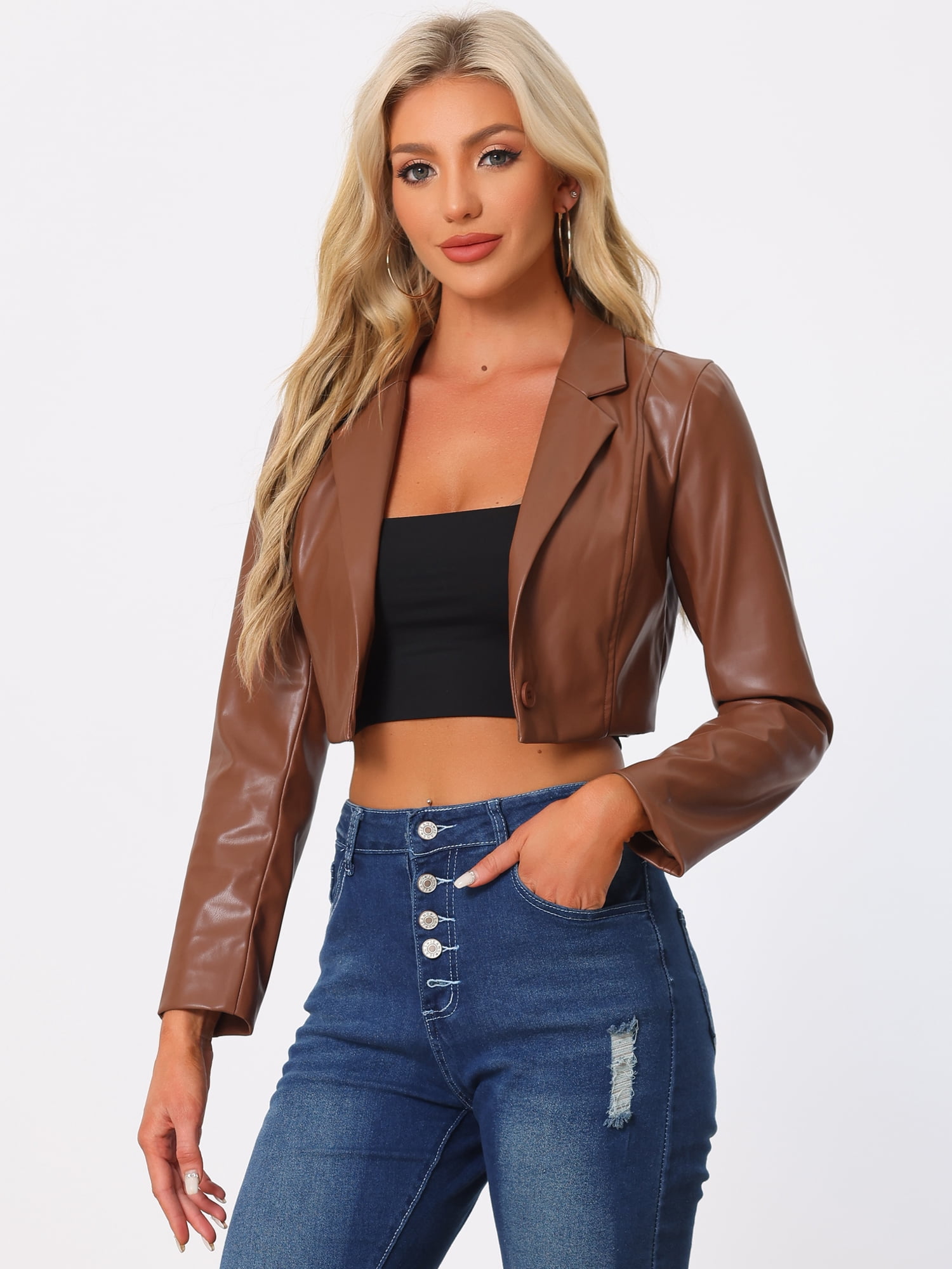 DARING DIVA Women's Single Breasted Blazer Moto PU Fashion Jacket S Brown