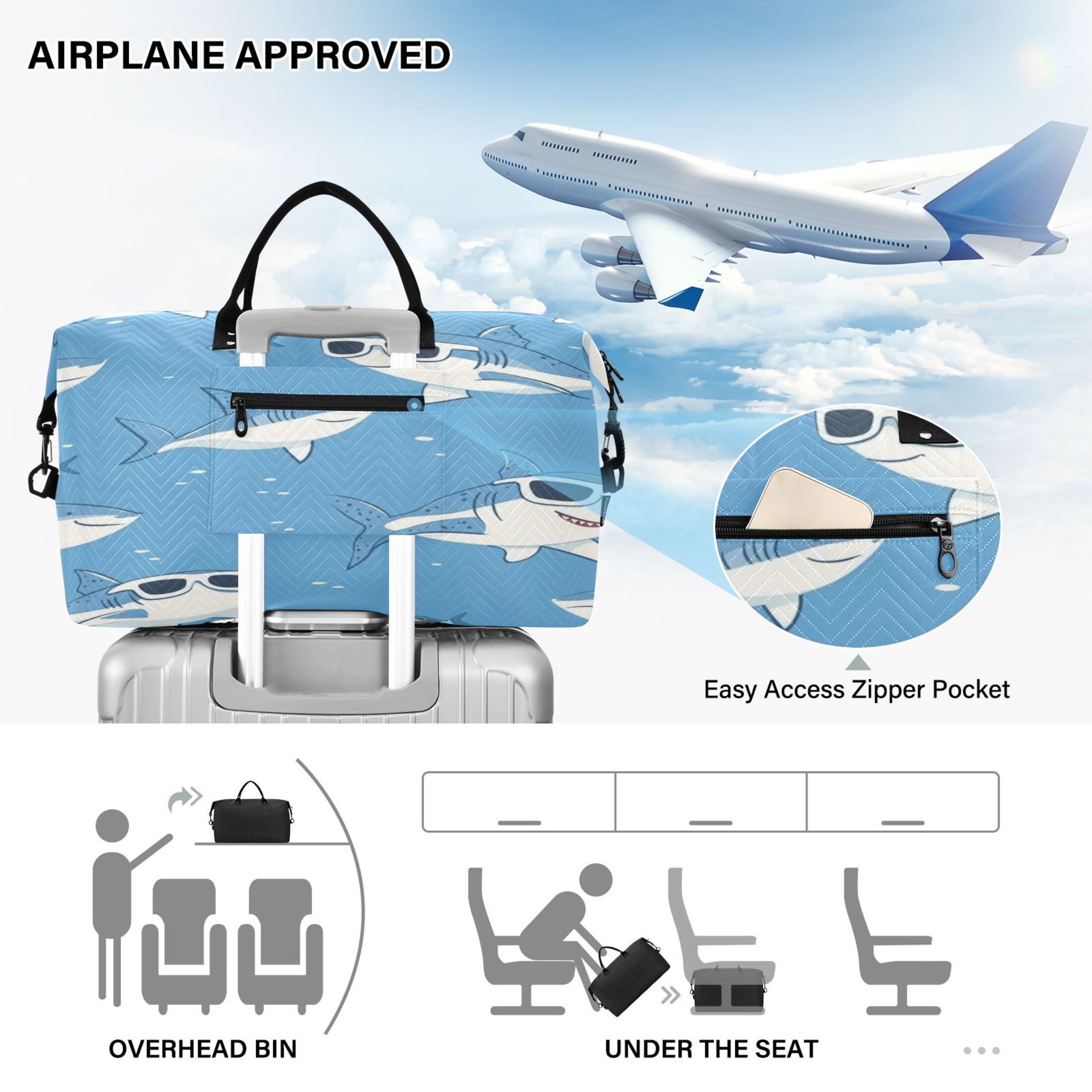 Travel Duffel Luggage Bag Sports Duffle Bag Gym Bag with Zipper Cute Sharks Wearing Sunglasses