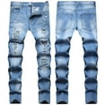 thumbnail image 2 of HAPIMO Men's Straight Leg Ripped Pants Slim Cotton Linen Jeans Dungarees Clearance Holiday Mid Waist Zipper Trendy Trousers Casual Relaxed Solid Color Athletic Light Blue L, 2 of 9