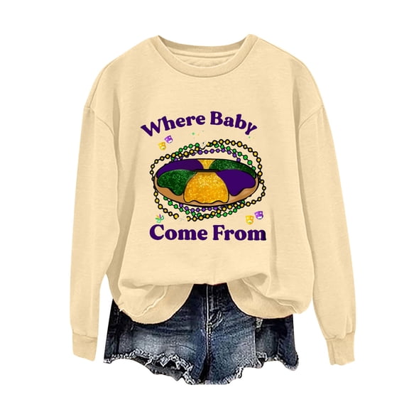 HaoXianJian Womens Mardi Gras Shirts Long Sleeve Crew Neck Shirts Cute Graphic Top for Women 2025 Loose Fits T Shirt Summer Tee Shirts Going Out Top
