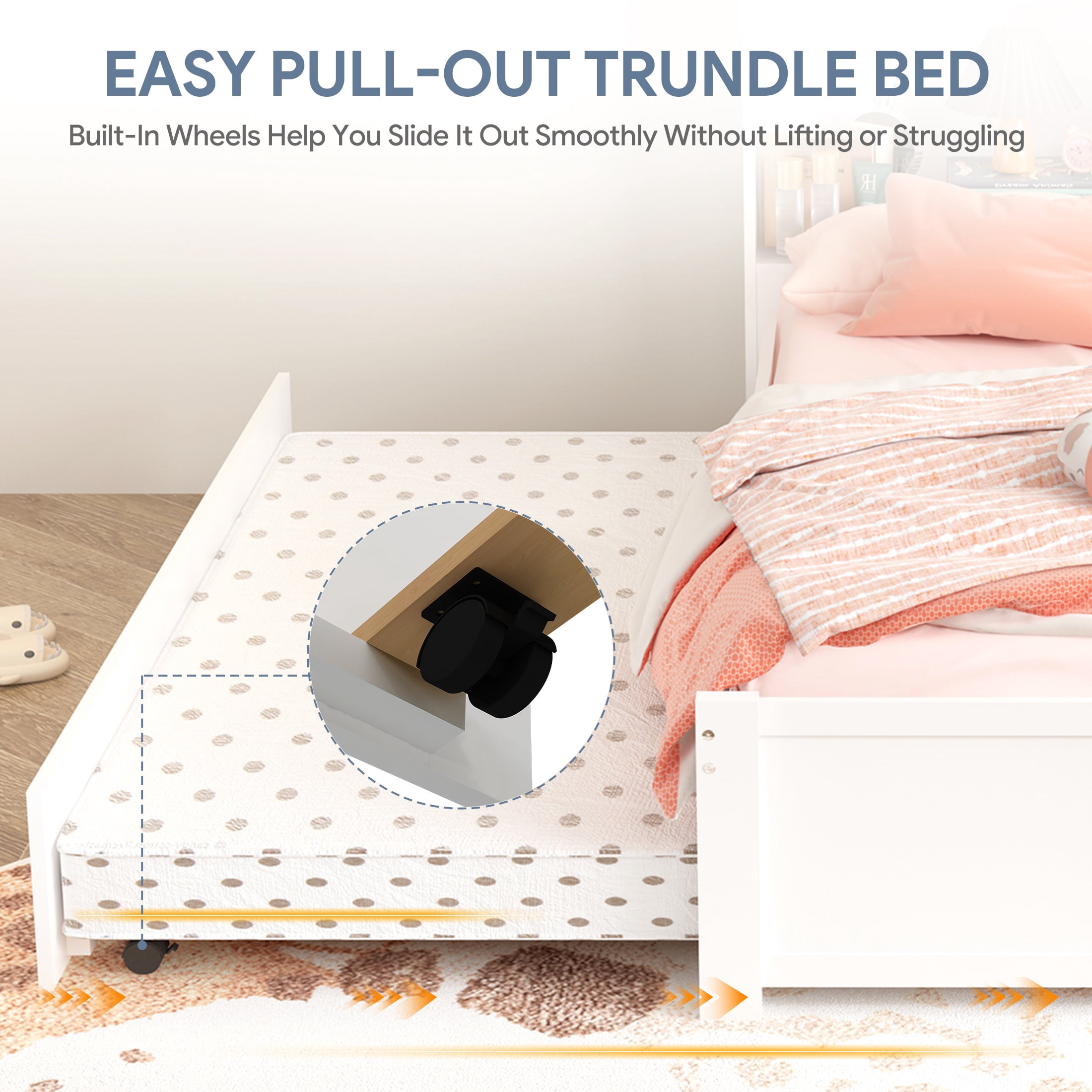 Twin Trundle Bed with Storage Headboard, UHOMEPRO White Trundle Bed Frame for Kids Girls Boys, Twin Bed with Trundle, No Box Spring Needed