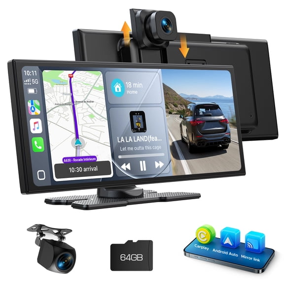 LAMTTO 10.25" Wireless CarPlay Screen for Car & Android Auto with 2.5K 1080p Dashcam, Portable Car Stereos with GPS, Bluetooth, Siri, DVR, 64GB Card