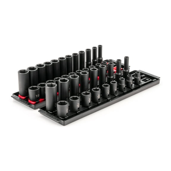 TEKTON 3/8 Inch Drive 6-Point Impact Socket Set with Rails, 42-Piece (5/16-3/4 in., 8-19 mm) | SID91216