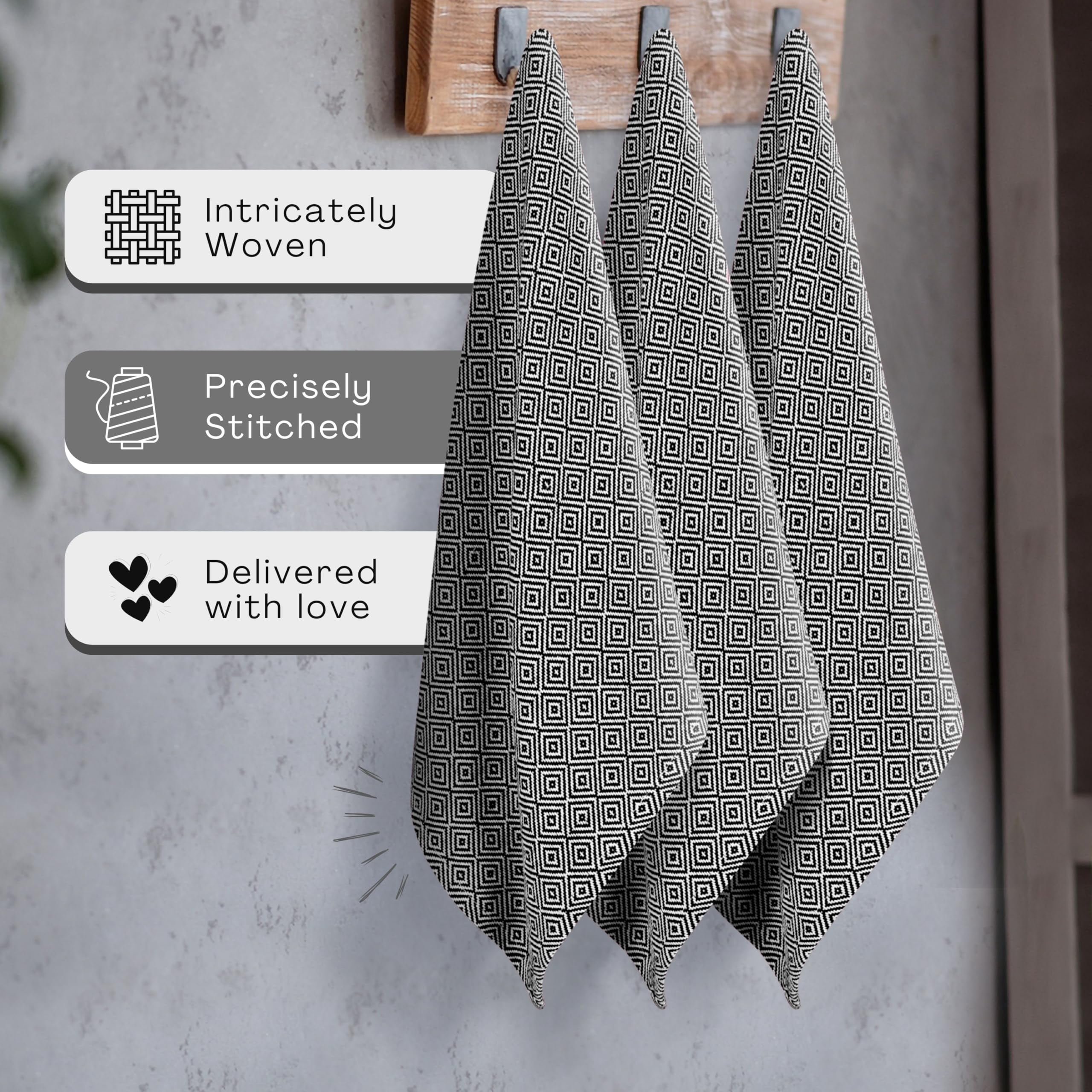 HEIRLOOM COMFORT Black Kitchen Towels, 5 Pack, 100% Cotton, 16"x26", Super Absorbent and Quick Dry, Diamond Design Towel Set, Reusable, Durable Dish Cloths for Kitchen Use, Cleaning & Drying Dishes
