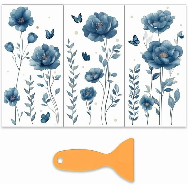 Juego de 3 calcomanías de flores azules para muebles y manualidades (15 x 30 cm). Incluye calcomanías decorativas de mariposas y hojas azules, y una espátula.