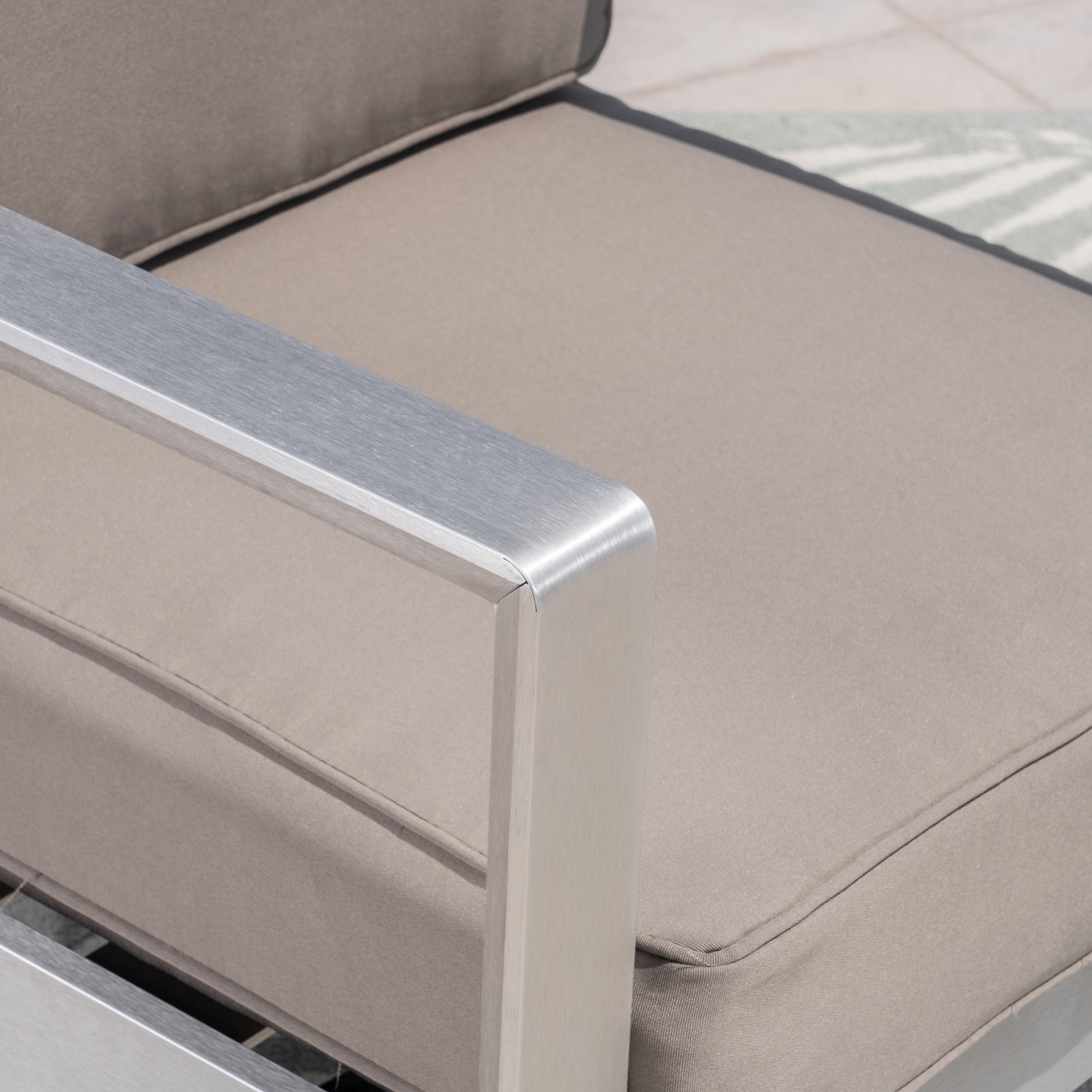 Trevor Outdoor Aluminum Loveseat and Tempered Glass-Topped Coffee Table, Silver, Khaki