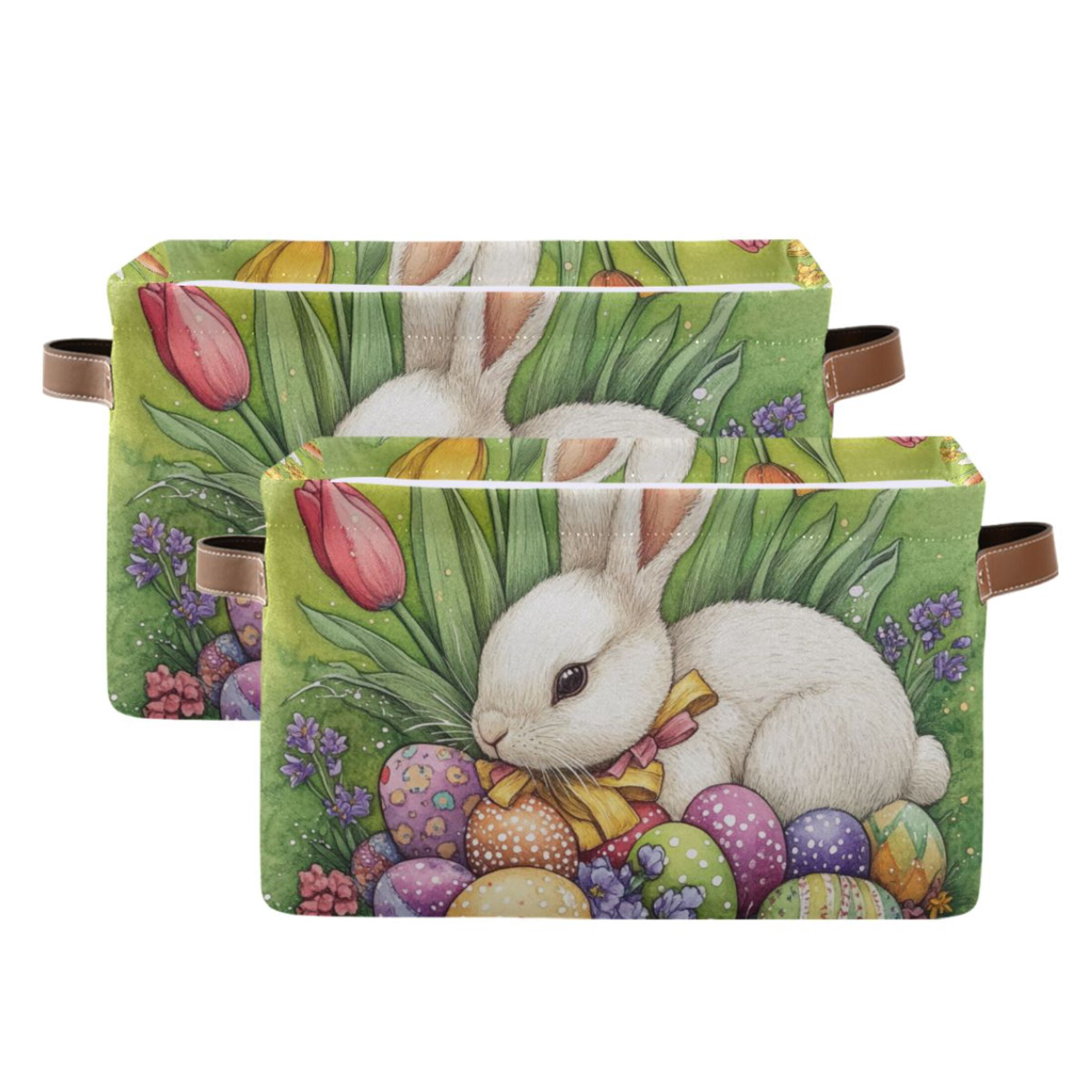 WOBOGO Easter White Bunny Square Storage Basket with Waterproof Canvas and PE Lining Durable PU Leather Handles 14.2×10.2×8.3in