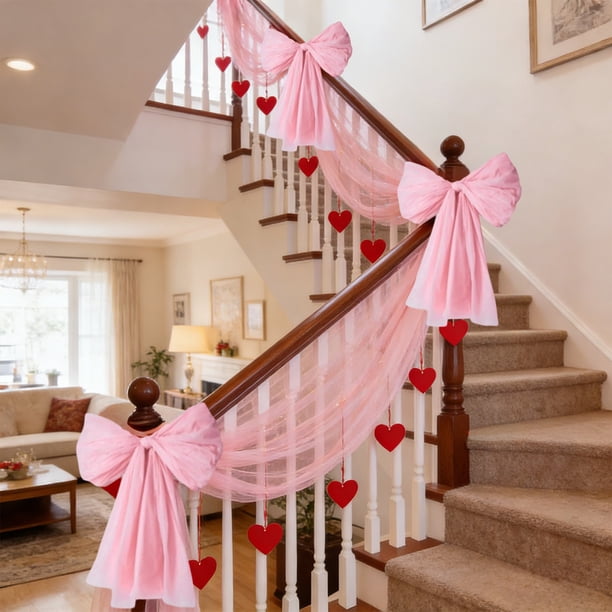 Lazo gigante de San Valentín para decorar paredes, puertas y ventanas | Grandes decoraciones románticas para fiestas, interiores y exteriores | Kit de decoración con lazo rosa y rojo DIY