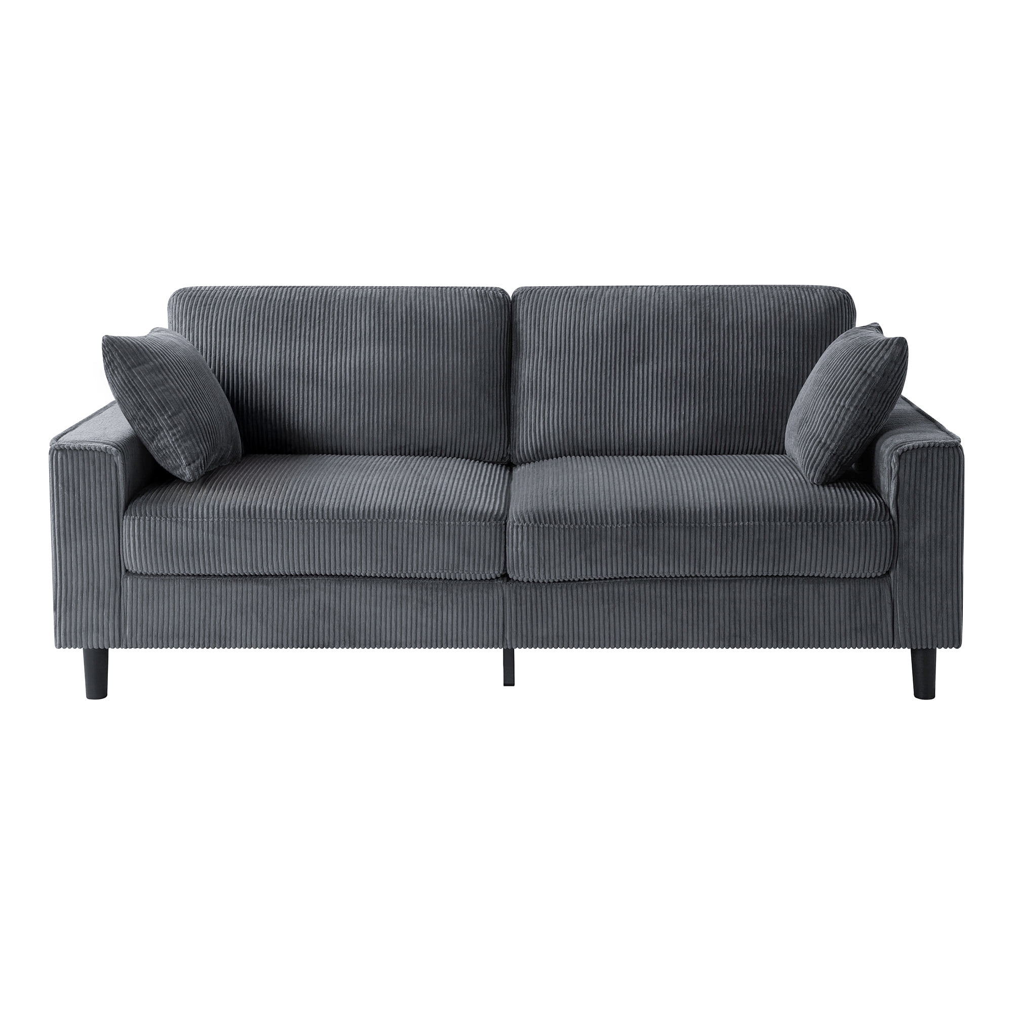 Aukfa 82" Square Arm Sofa 3 Seat Deep Seat Upholstered Couch for Living Room Bedroom, 2 Pillows, Corduroy, Dark Gray