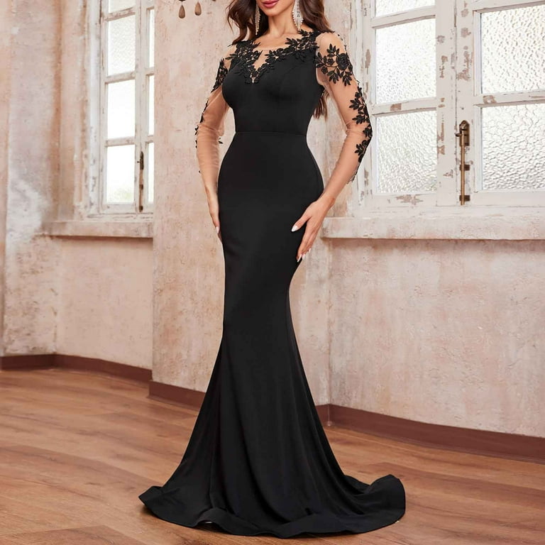 Oplxuo Elegant Mermaid Maxi Evening Dresses for Women Lace Appliques  Embroidered Mesh Long Sleeve Formal Party Cocktail Dress - Walmart.com