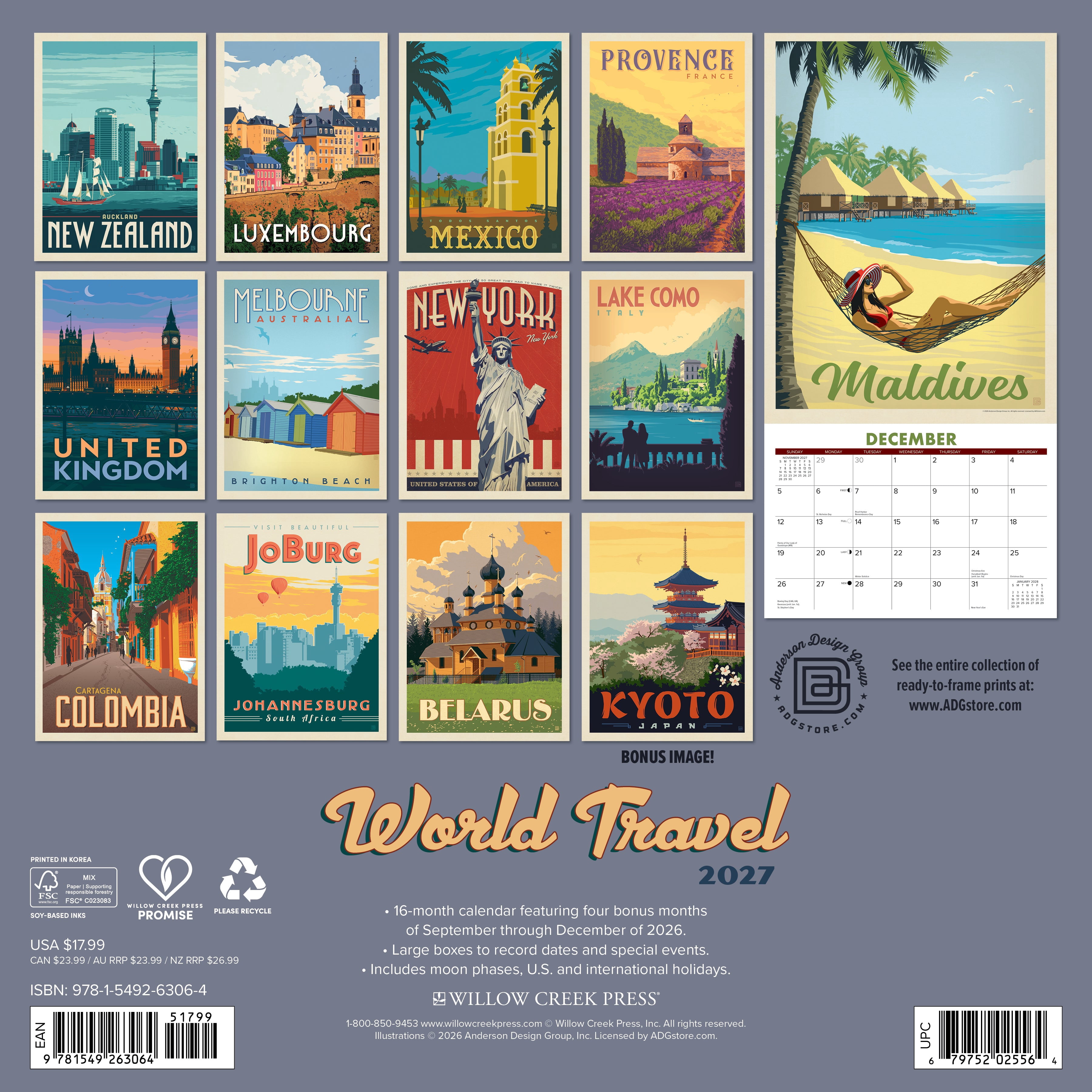 Willow Creek Press, World Travel (ADG) 2027 Wall Calendar