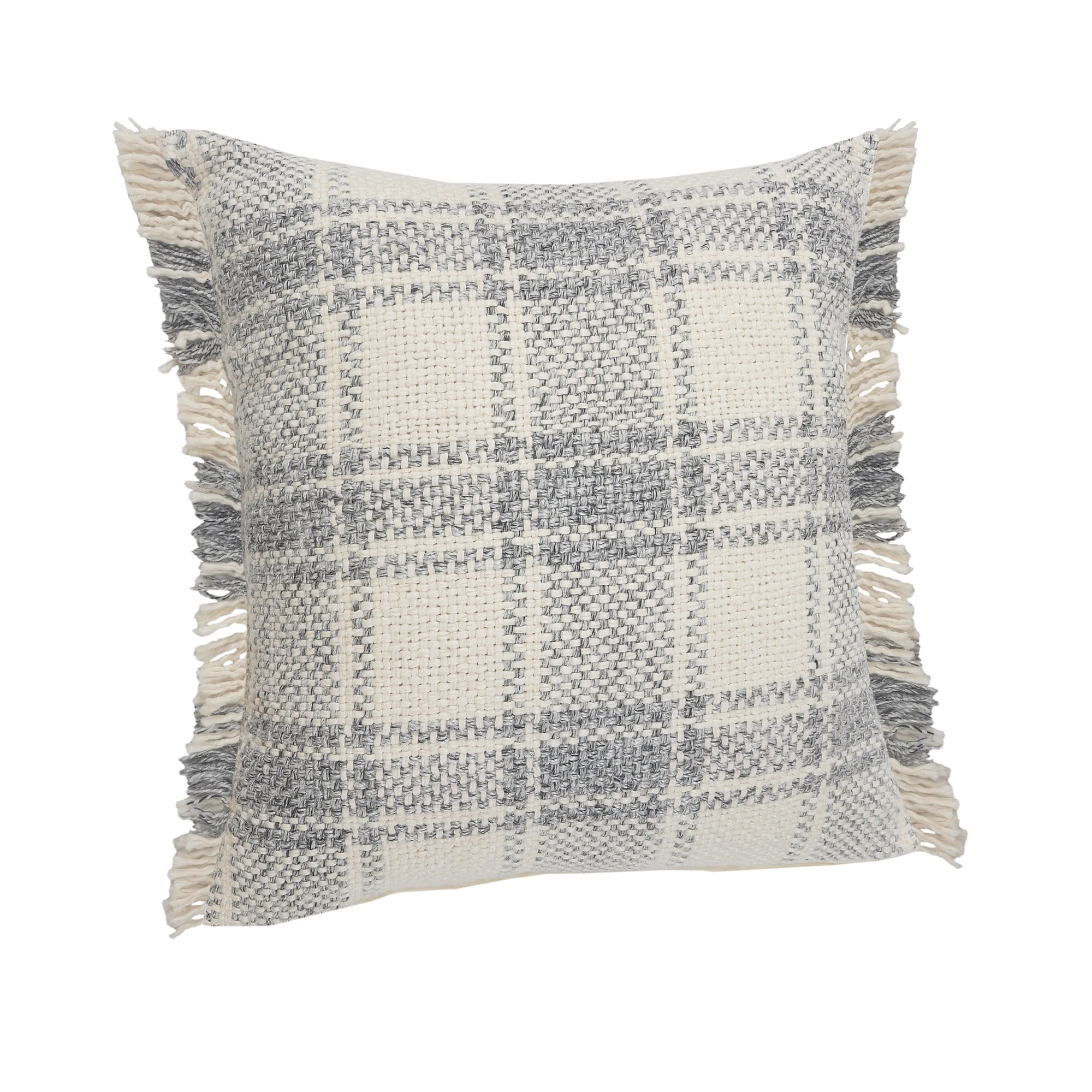 Laddha Home Designs Loomed Plaid Cotton Throw Pillow Cover - 20" - Gray and White
