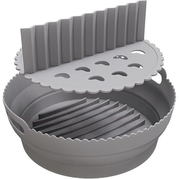 Air Fryer Liner 8.6 Inch Round Silicone, Reusable Non-Stick Collapsible Pot with Divider for 2 Flavors, Heat Resistant 446°F, Dishwasher Safe, Compatible with 5-8 QT Air Fryers, Grey