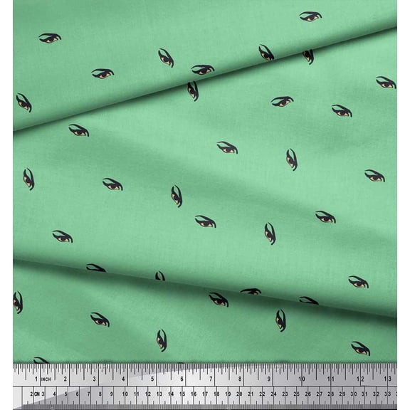 Soimoi Green Crepe Silk Fabric Eyes Face Print Fabric by the Yard 42 Inch Wide