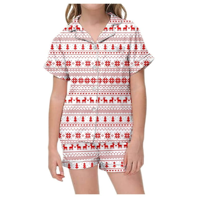 YOUSNH Ensemble de Pyjama de Noël pour Enfants, Col Boutonné, Manches Courtes et Shorts, Bleu 8-9 Ans