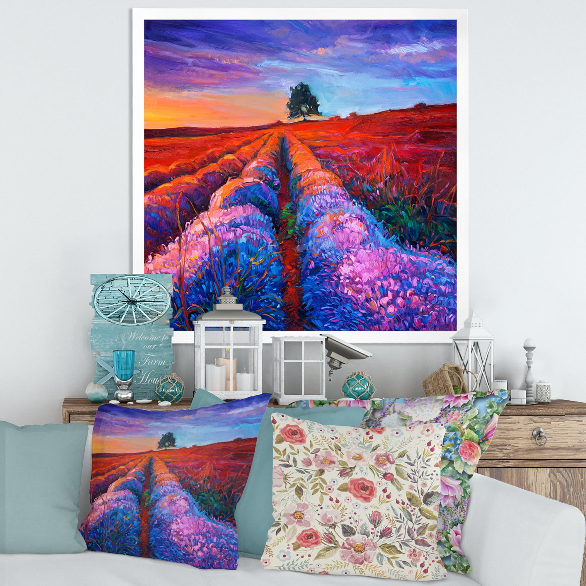 Designart 'Lavender Fields With Distant Tree & Sunset Glow' Farmhouse Framed Art Print