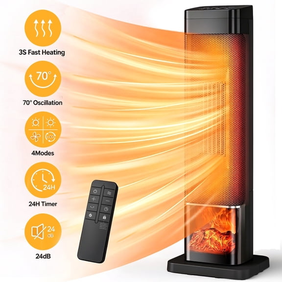 Nepsam 25" 1500W Tower Space Heater, 3-Color 3D Flame, Tower Heater with 70 °Oscillation, 4 Modes & 24H-Timer, for Living Room, Office, Bathroom