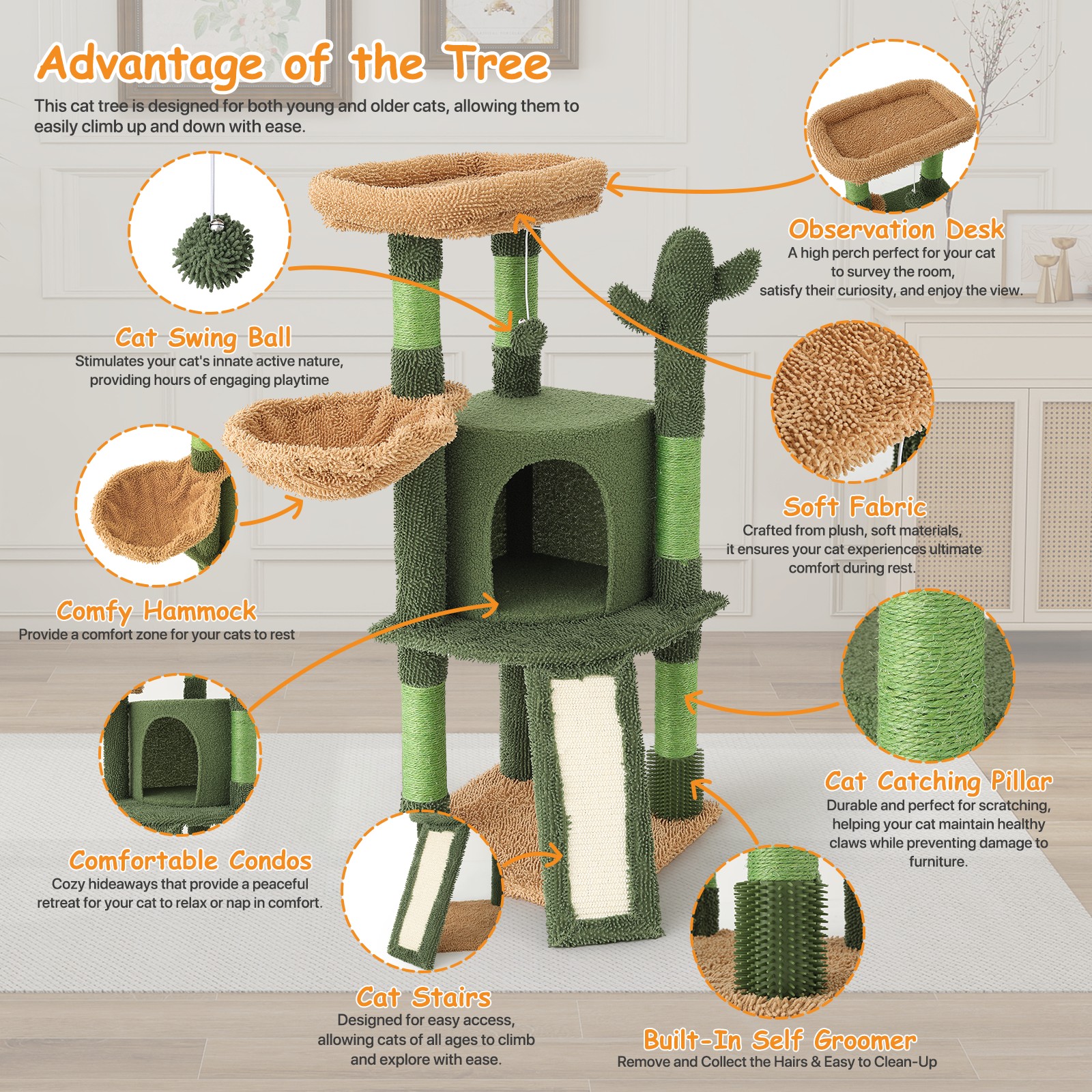 OSM 42-inch Cactus Cat Tree for Indoor Cats, Multi-Level Tower with Condo, Scratching Post, Ramp, Perch, Basket & Toys, Compact Climber for Kittens & Small Cats, Green