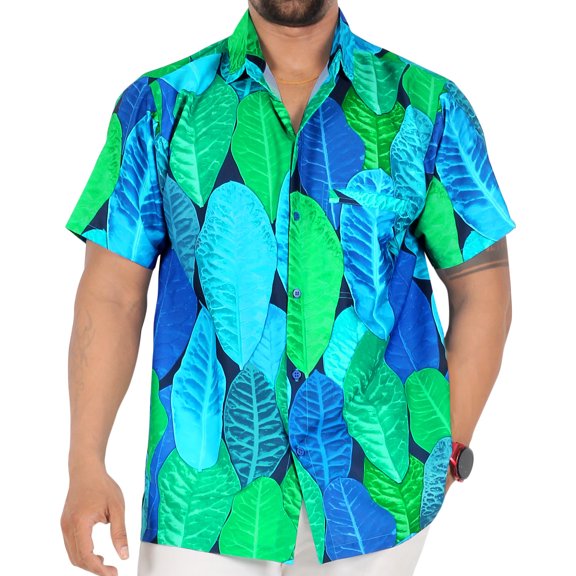 HAPPY BAY Men's Hawaiian Shirts Short Sleeve Button Down Shirt Mens Tropical Shirts Casual Holiday Summer Party Caribbean Shirts for Men Funny XXL Graphical Leaves, Blue For Dad