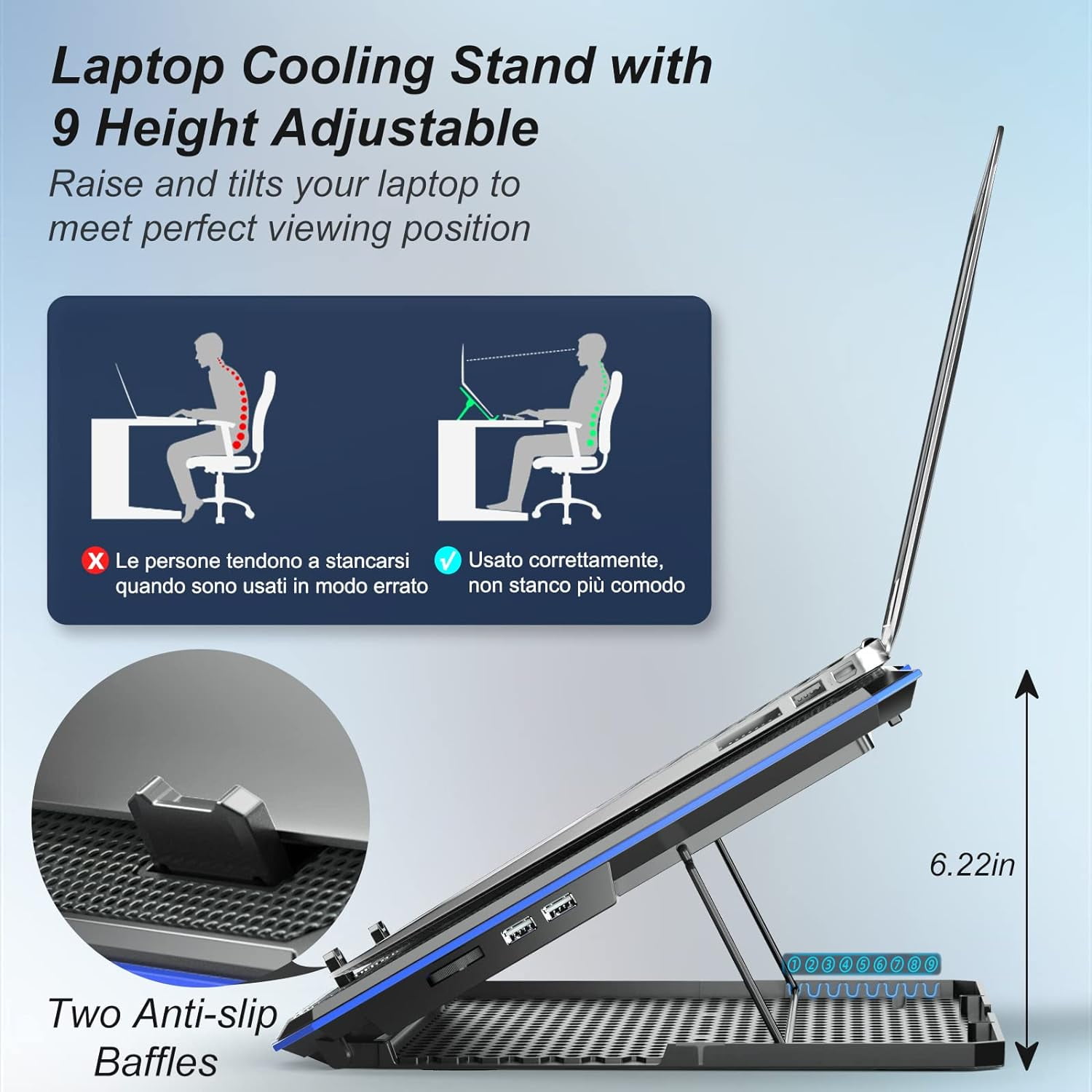 Laptop Cooling Pad with 6 Cooling Fan, Laptop Cooler Fan with No Lights, Cooling pad for Laptop 15-17 Inches, Notebook Cooler Stand with 9 Height Adjustable, Cooler Pad for Lap or Desk Use