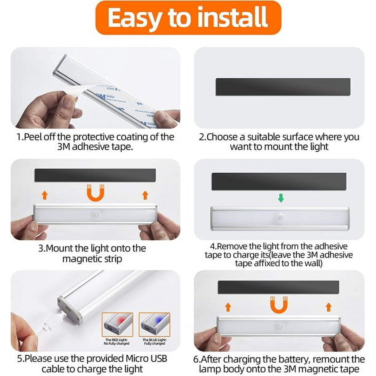 30 LED Under Cabinet Lights, USB Rechargeable Closet Lighting kit with Motion Sensor and Magnetic Strip for Wardrobe, Kitchen Wireless Lighting, 3 Pack