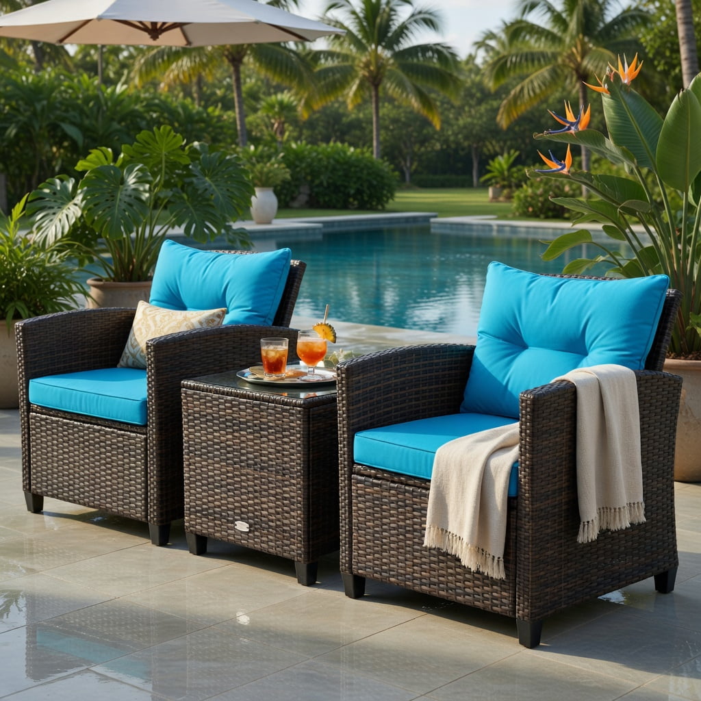 Hommoo 3-Piece Outdoor Rattan Patio Furniture Set with Cushions, Wicker Sofa & Coffee Table for Garden, Poolside, or Deck, Turquoise