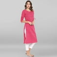 thumbnail image 4 of Janasya Indian V-Neck 3/4 Sleeve Woven Design Pink Cotton Kurta For Women, 4 of 8