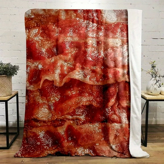 200-250g Soft Flannel Throw Blanket Throw Blanket with Digital Bacon Print Contemporary Cartoon Theme Reversible