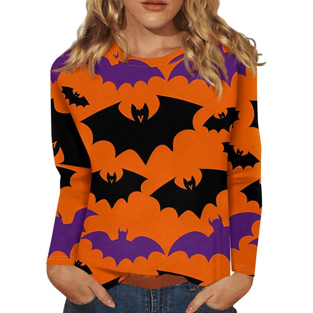 Camisa de manga larga con temática de Halloween para mujer, estampado de castillo encantado y murciélagos, top informal de otoño