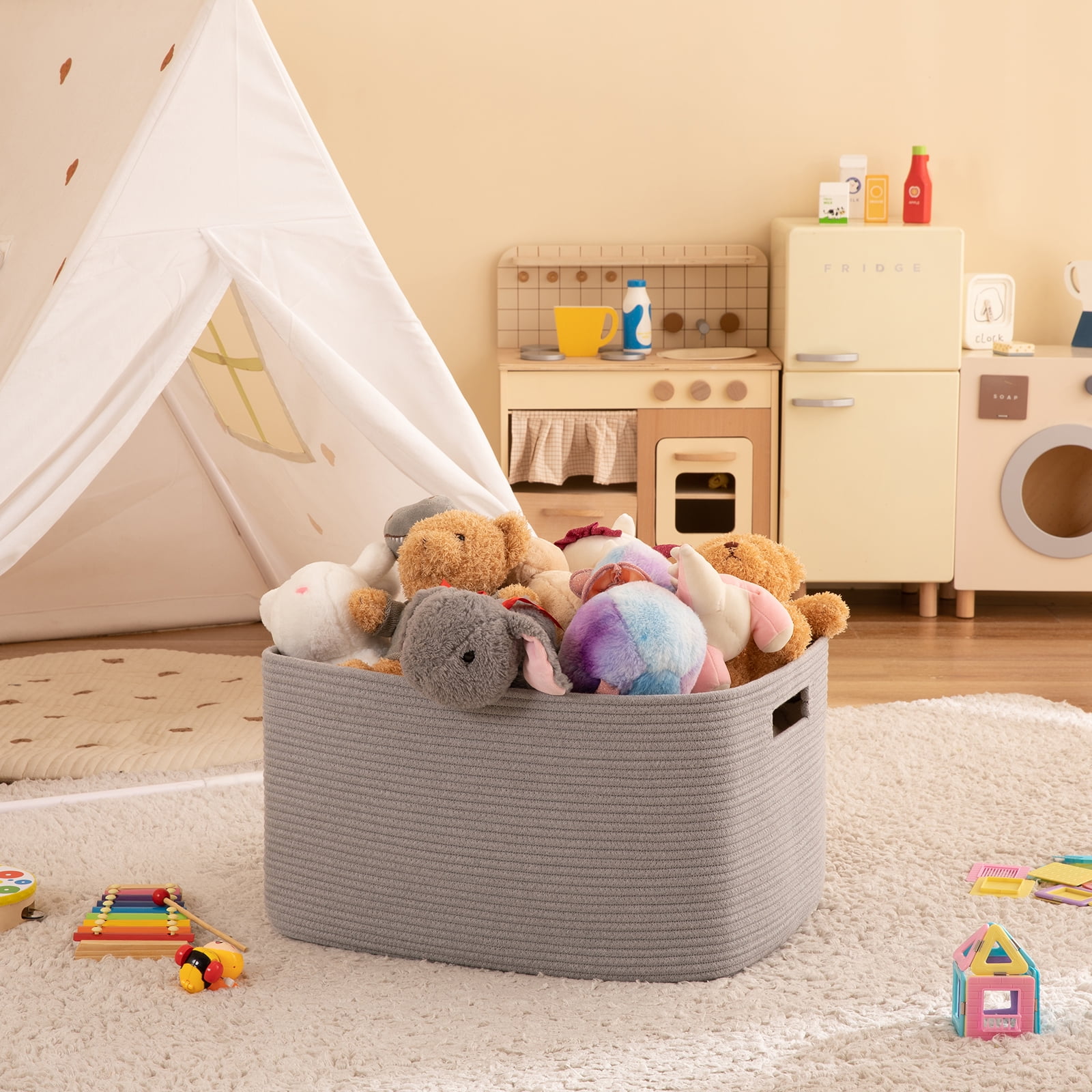 CHERISHGARD 70L Large Laundry Basket, Rectangle Cotton Rope Storage Baskets, Cotton Rope Basket with Handles