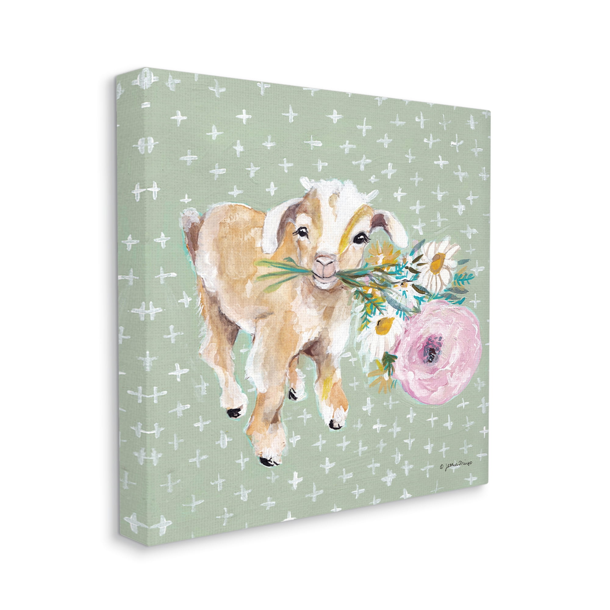 Stupell Industries Attentive Buckling Goat Offering Flowers Studded Backdrop,36 x 36, Design by Jessica Mingo