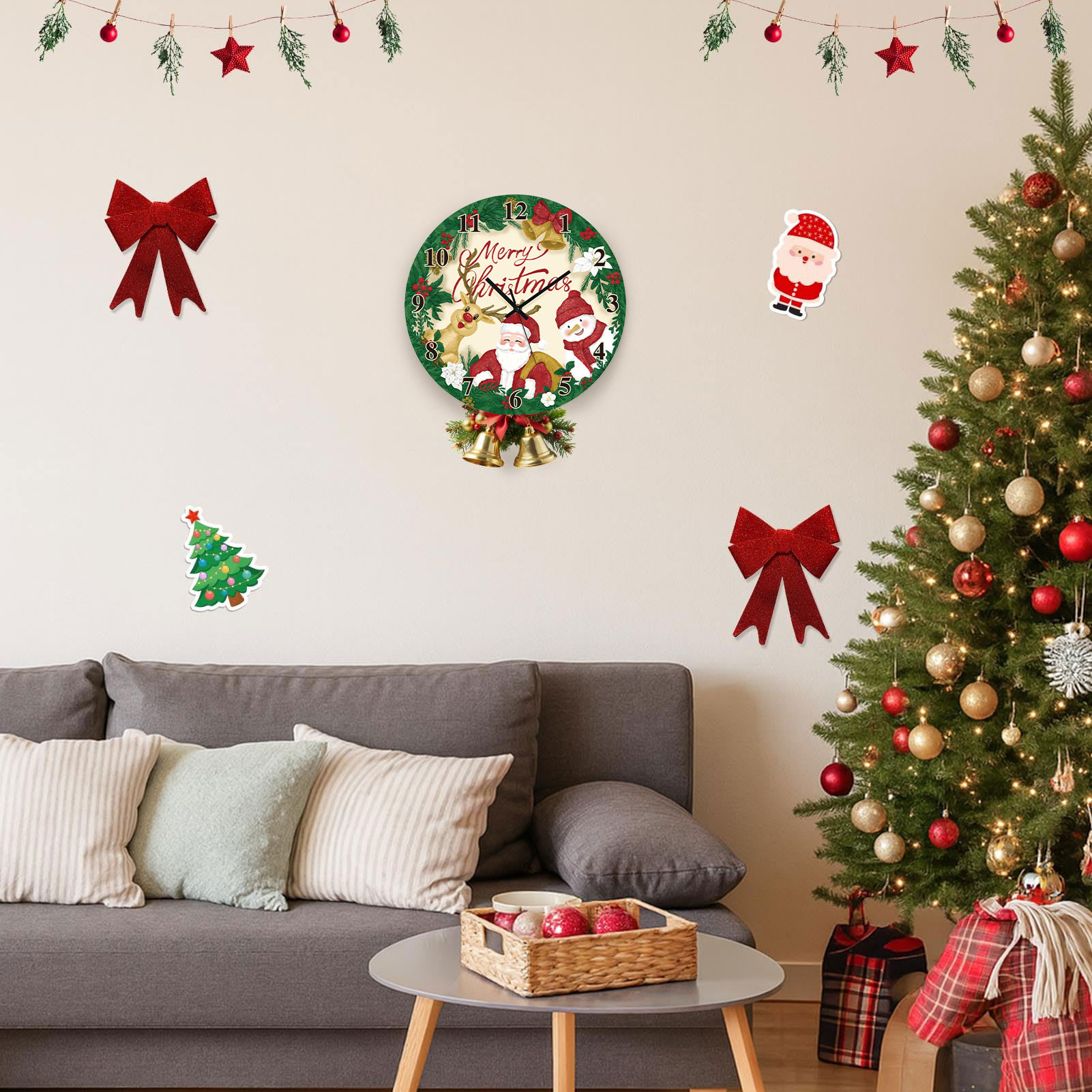 Sanmadrola Christmas Decoration Wall Clock Home Indoor Decor Silent Non Ticking Wooden 12'' Santa