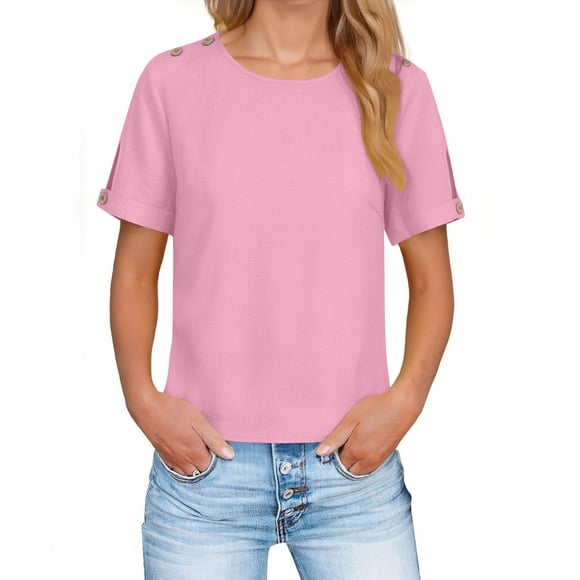 RKSTN Pink Womens Shirts Cotton Linen Tunic Top Solid Color Short Sleeves Crew Neck Daliy Commute Workwear Casual Comfort Blouses