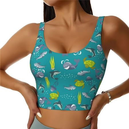 Jgfou Cute Shark Turtle Print Womens Sports Bra - Padded Workout Sports Bras Crop Tank Top