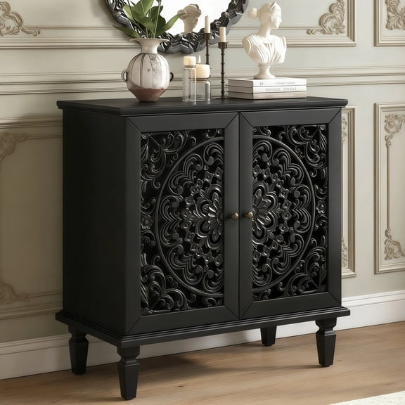 MDQMD 31.5"Black Storage Cabinet with Doors,2 Door Accent Cabinet with Symmetrical Floral Design,Modern Wood Buffet Sideboard Cabinets with Vintage Handle,Side Cabinets for Living Room