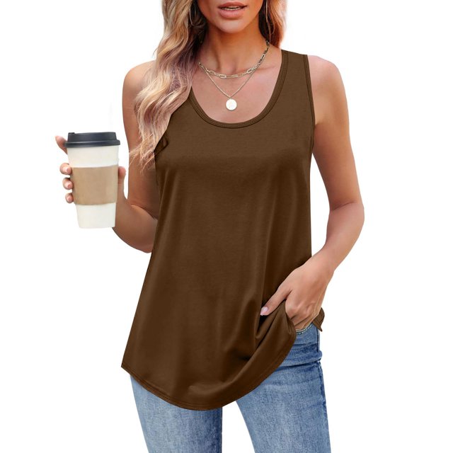 LOVZFMLL Débardeurs pour Femmes Été Ample Sans Manches Col Rond T-Shirts Décontractés pour Entraînement Tuniques Douces Confortables Marron TG