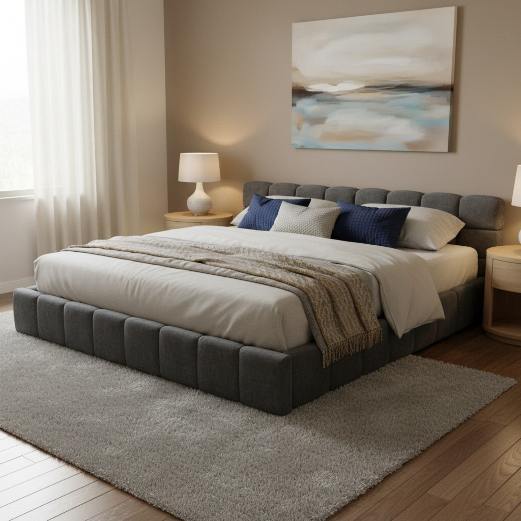 Sailvan King Chenille Upholstered Bed Frame,Modern Checkerboard Pattern Headboard,Soft Grey Fabric Platform Bed