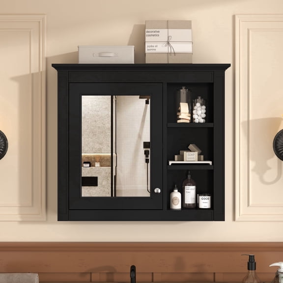 29" Medicine Cabinet, Bathroom Wall Mounted Cabinet with Adjustable Shelves,Open Storage and Mirror, Modern Wood Over Toilet Organizer for Living Room
