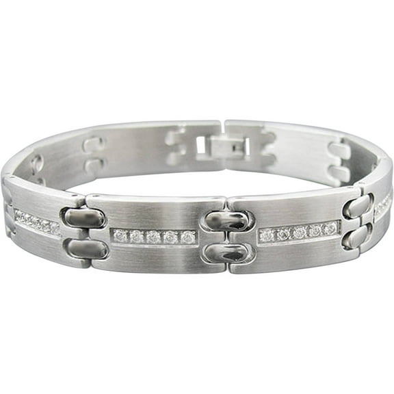 Arista Men's Brushed and Polished Men's All-Around CZ Link Bracelet in Stainless Steel, 8.5"