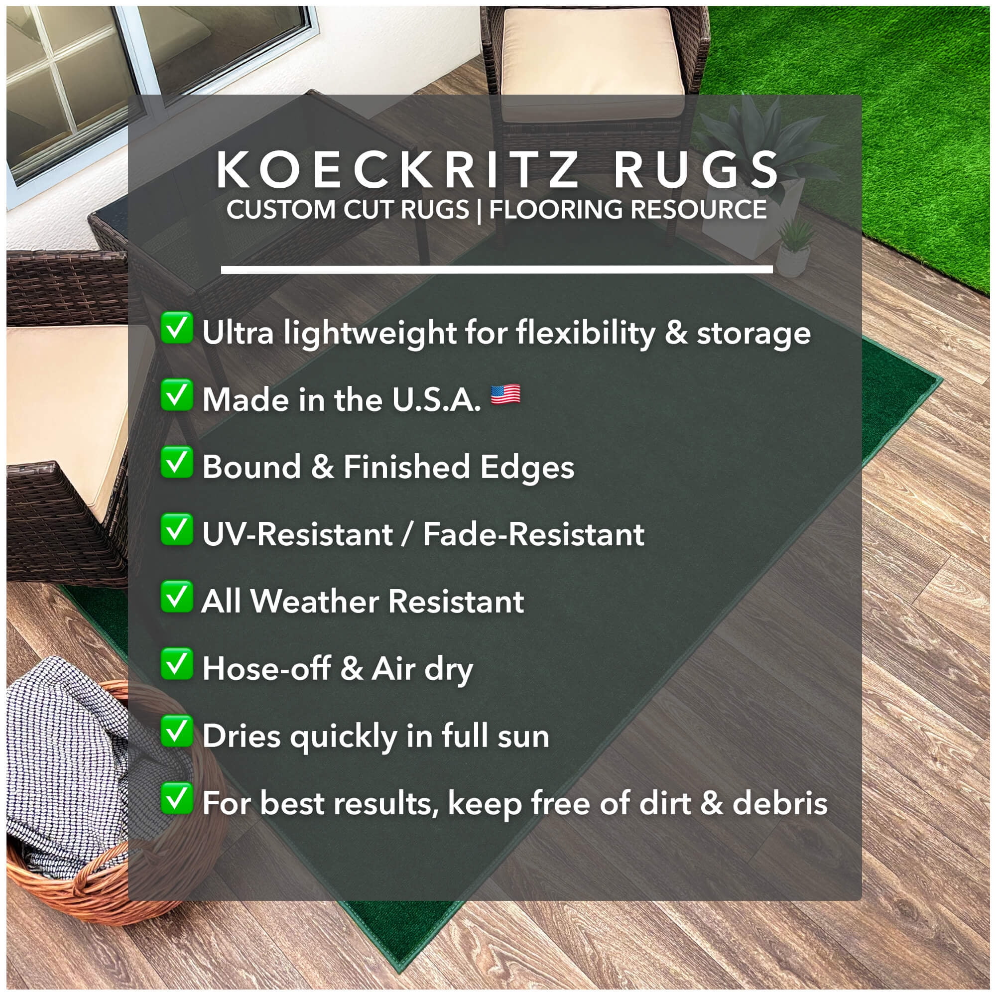 Koeckritz Rugs Emerald Green Indoor/Outdoor Area Rug, 7'x14', Lightweight & Durable
