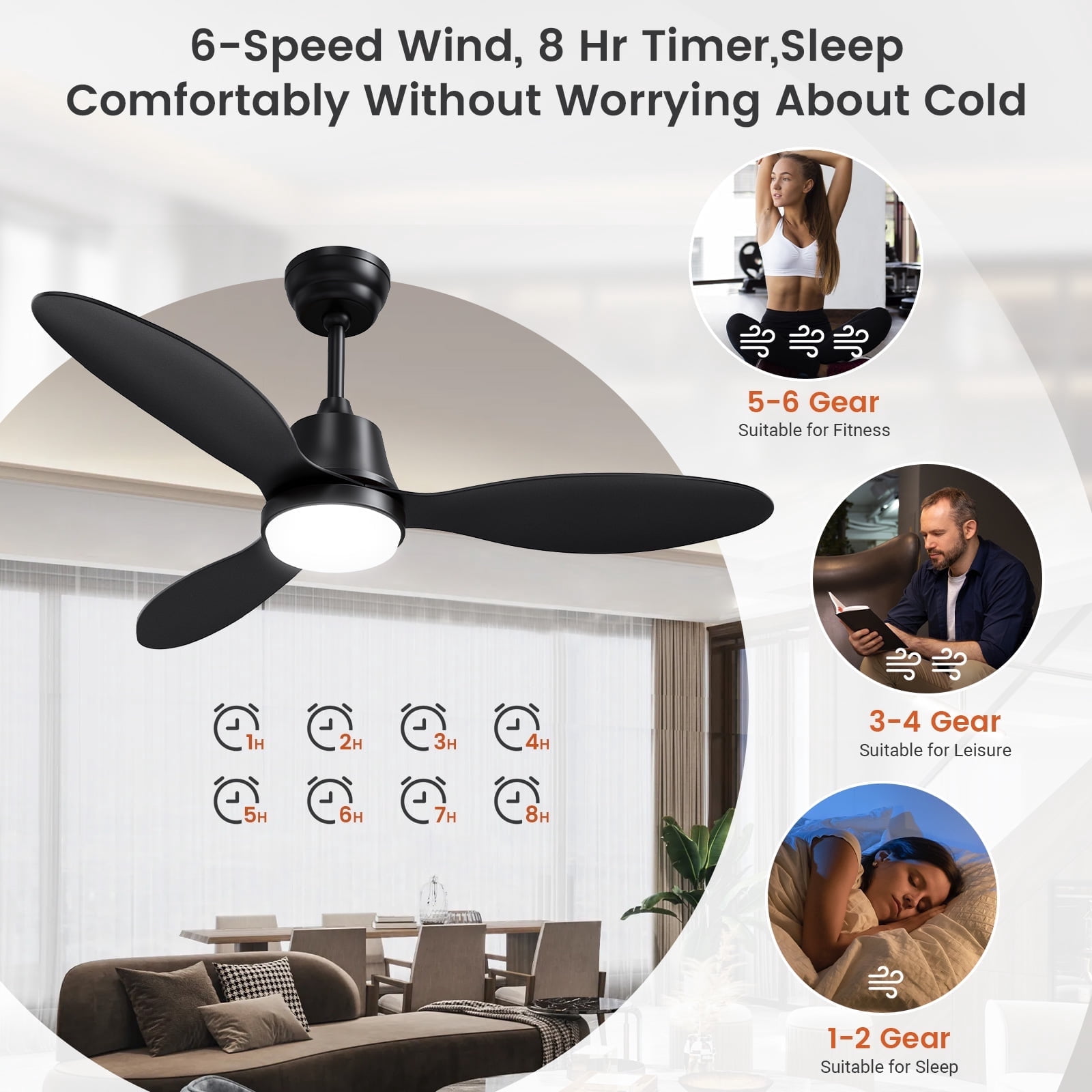 BLITZWILL Ceiling Fans with Lights and Remote & App Control,42 inch Modern Ceiling Fans,3 Reversible Blades Dimmable Noiseless, for Bedroom Kitchen Patio,Black