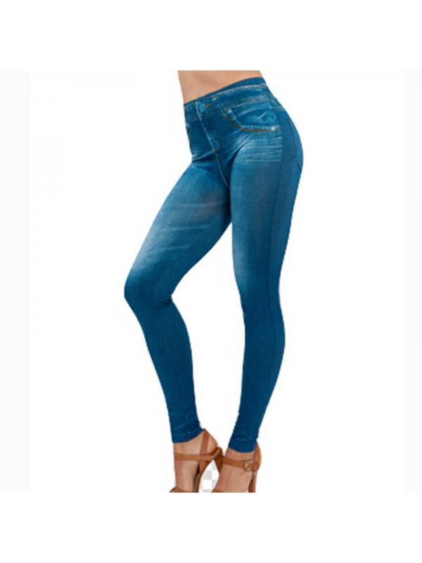 Women's Denim Print Seamless Full Leggings Fake Jeans Leggings