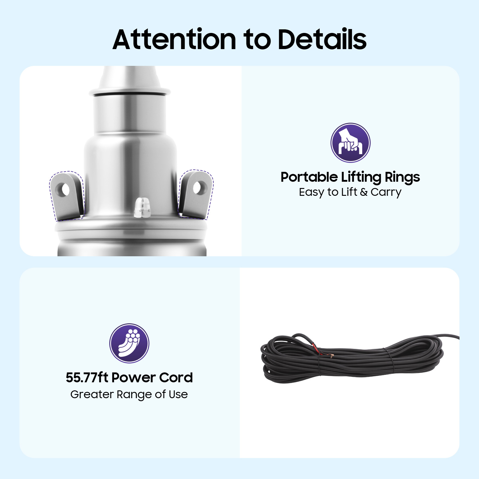 Deep Well Submersible Pump Stainless Steel Water Pump Submersible Pump 55.77ft for Extracting Groundwater